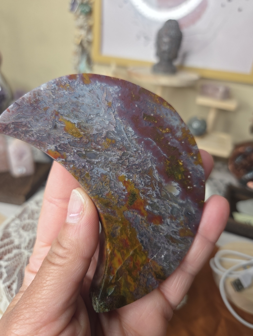 Red Moss Agate Crescent Moon On Black Stand  B - Picture 5 of 6